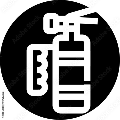 Fire extinguisher icon inside a black circle, minimal flat glyph for emergency safety, protection and prevention, symbolizing quick response to fire hazards and rescue situations
