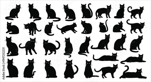 A collection of black silhouette cats in various poses and arrangements