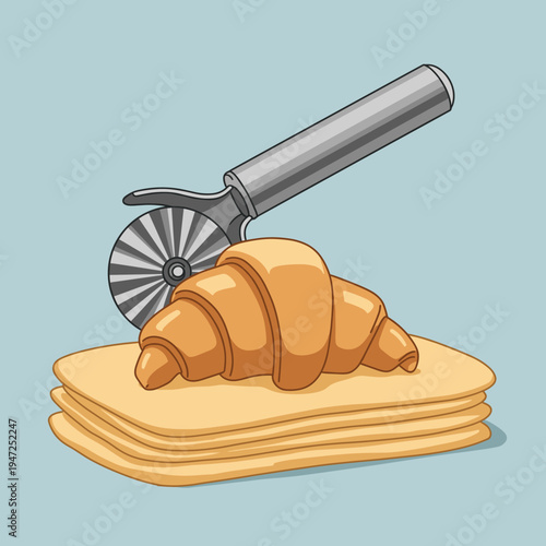 A freshly baked croissant rests on a stack of golden crepes, with a pizza cutter positioned behind it.