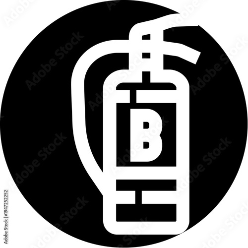 Fire extinguisher vector icon isolated in a black circle, illustrating an essential tool for emergency response, fire suppression, and protecting against hazards in various settings