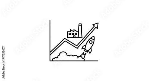 Business Growth Chart with Rocket Launching Upward, Factory Icon