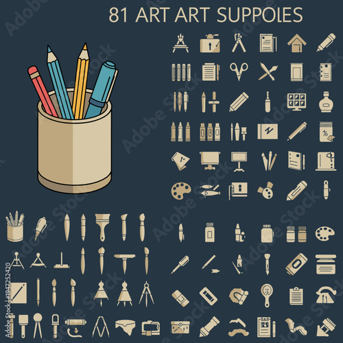 A collection of 81 diverse art supplies and tools, including pencils, brushes, scissors, and various creative instruments, displayed in a grid.