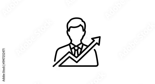 Business growth icon: businessman silhouette with upward arrow graph, concept of success and progress
