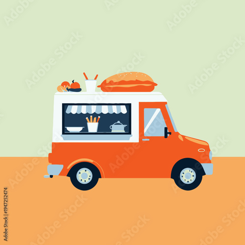 Vibrant red food truck with colorful awning serving fresh bread and vegetables on a sunny day, embodying the essence of street cuisine in an inviting setup