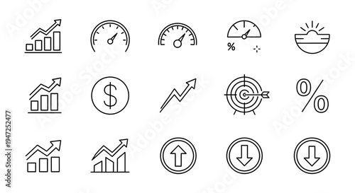 Business Growth Icons: Charts, Arrows, Target, Dollar, Speedometer, Sunrise