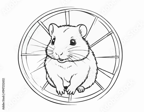 Hand-Drawn Line Art of a Hamster in a Wheel, Cute and Whimsical Illustration for Pet Supply Stores and Children's Products.