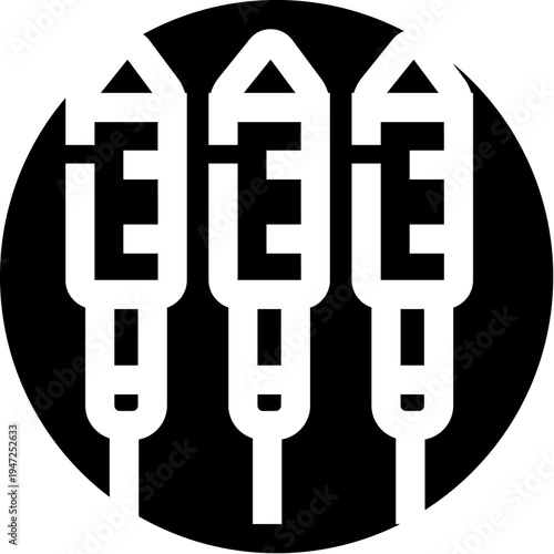 Satay meat skewers, common asian street food, are presented as a simple black and white icon inside a circular shape, creating a bold graphic symbol for cuisine concepts