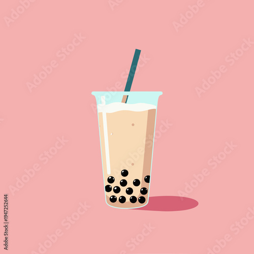 Illustration of a Refreshing Bubble Tea in a Transparent Cup with Straw on a Soft Pink Background