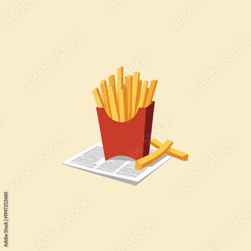 Illustration of crispy golden french fries in a classic red container placed on a sheet of newspaper against a simple beige background