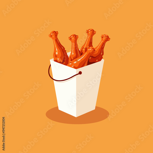 A container filled with several pieces of crispy fried chicken drumsticks against a vibrant orange background highlighting the savory and appetizing appearance