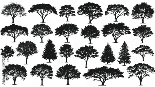 A collection of stylized trees arranged in a symmetrical, repetitive pattern on a plain background Vector