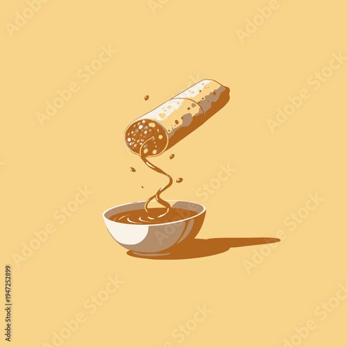 Visual representation of a burrito with colorful ingredients pouring into a bowl of vibrant sauce, evoking the essence of dynamic culinary creativity