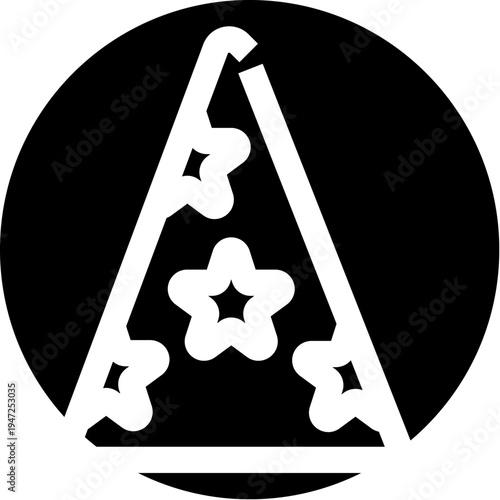 Minimal black and white icon illustrating a wizard hat adorned with stars, conveying concepts of magic, fantasy, and enchantment within a simple graphic design
