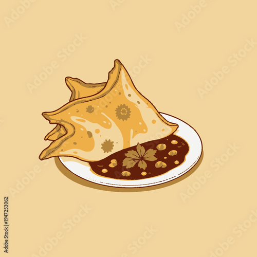 Illustration of crispy, golden-brown triangular pastries with savory filling served with a flavorful dipping sauce on a white plate, garnished with fresh herbs