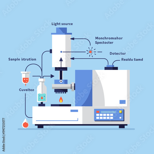 Illustration of a spectrophotometer instrument used for scientific analysis and measurement in a laboratory setting.