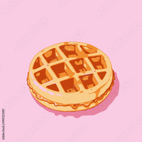 Illustration of a Tasty Golden Brown Waffle Drizzled with Syrup on a Vibrant Pink Background Photography