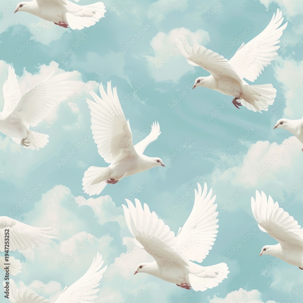 Obraz premium seamless pattern, white doves against soft sky background, light airy aesthetic, realistic minimal