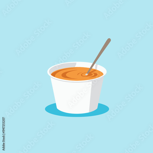 Illustration of a Cup of Creamy Soup with a Spoon on a Blue Background Featuring Rich Texture and Inviting Aroma