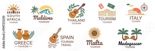 Travel Country Logo Set Vector – Tourism Badges South Africa, Maldives, Thailand, Italy, Greece, Spain, Malta, Madagascar
