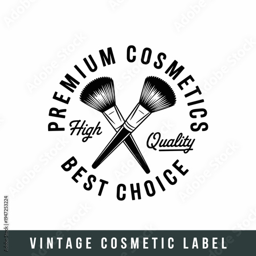 Vintage Cosmetics Label Logo Vector – Premium Beauty Badge with Makeup Brushes Retro Emblem Design
