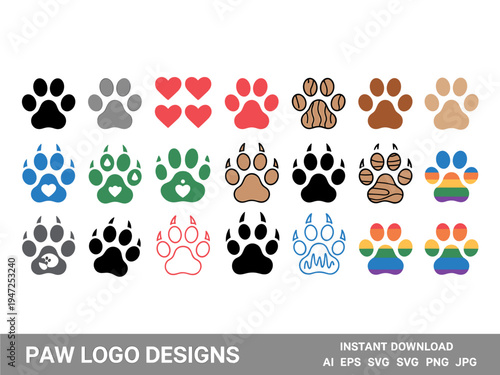 Paw Print Logo Set Vector – Dog Cat Pet Footprint Icon Collection Animal Track Symbol Design