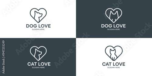 Dog Love Cat Love Logo Set Vector – Pet Care Heart Line Icon Veterinary Animal Clinic Symbol Design