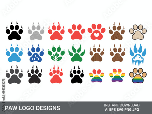 Paw Print Logo Set Vector – Dog Cat Pet Footprint Icon Collection Animal Track Symbol Design