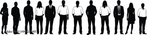 business people silhouette lineup, corporate team standing figures, professional men women silhouettes, office workers group isolated vector illustration set