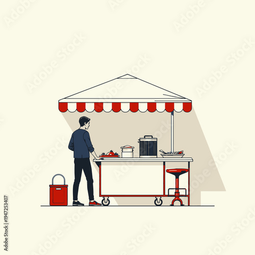 Illustration of a food vendor serve station with a variety of dishes under a red and white striped canopy, featuring a single customer waiting to be served outdoors