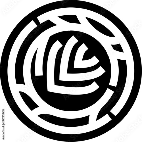 Circular labyrinth pattern forming an intricate maze icon symbolizing problem solving, strategy, decision making and discovery in a minimal black and white vector design