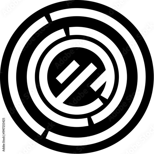 Abstract concentric maze design creating a visual puzzle, visualizing challenges, problem solving, and finding a solution in a minimalist black and white graphic