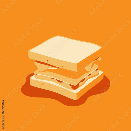 Illustrated Stack of Sandwich Ingredients with Bread Cheese Ham and Tomato on Orange Background