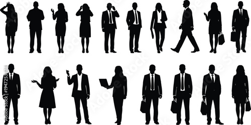 Business people silhouettes collection, corporate professionals standing walking talking office workers isolated black figures teamwork communication leadership management career concept