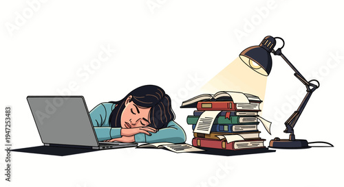 Tired student sleeping at desk with laptop and stack books