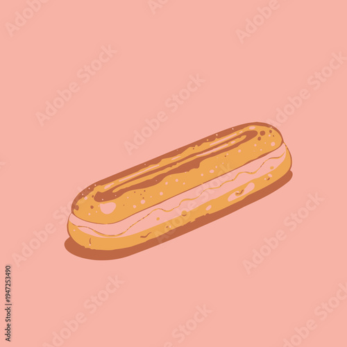 A Delicious Eclair with Cream Filling Topped with Smooth Glazing and Resting on a Soft Pink Background, Perfectly Capturing the Essence of Sweet Pastry Artistry