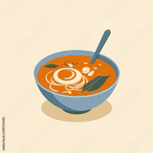 Delicious Bowl of Spicy Ramen Noodles with Egg, Vegetables, and Toppings in Flavorful Broth Illustration