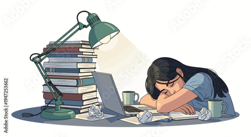 young woman studying late at night with laptop and books