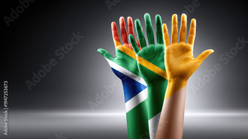 Two hands painted with the South African flag, one on each palm, symbolizing unity, reconciliation, diversity, and peace for the nation and Africa Day concepts. Africa Day