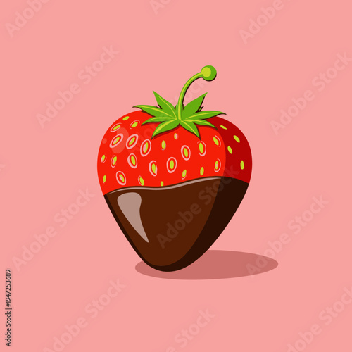 Illustration of a vibrant juicy strawberry partially dipped in rich dark chocolate on a pastel pink background, showcasing a blend of fruity and sweet flavors.