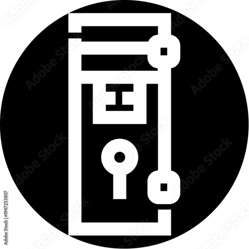 Gambling game machine icon, featuring a slot with a key like handle and a small coin or token slot on a black circular background, representing chance and entertainment