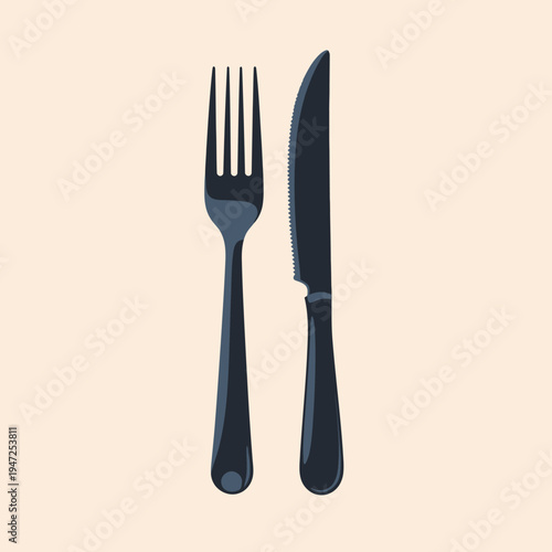 Elegant illustration of a classic dining set featuring a shiny fork and knife on a neutral background emphasizing simplicity and sophistication in modern culinary design