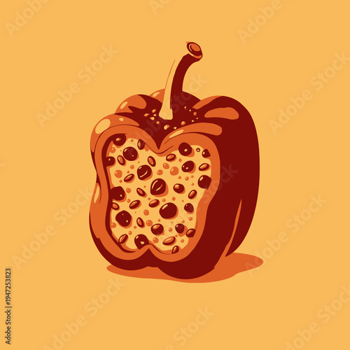 Vibrant Illustration of a Freshly Sliced Red Bell Pepper Revealing Seeds and Interior Details on a Solid Orange Background