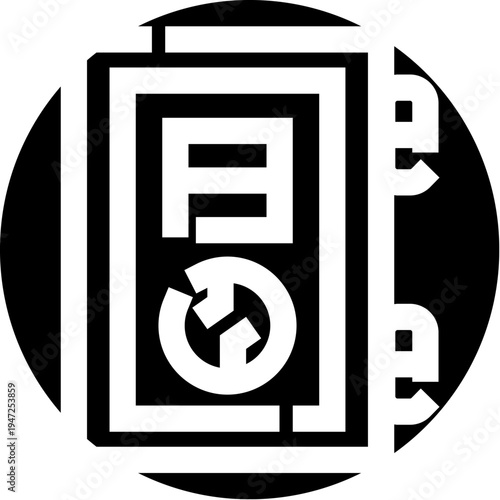 Black and white icon of a book with letter a on the cover and circular arrows beneath, symbolizing language learning, continuous education, literacy and knowledge renewal