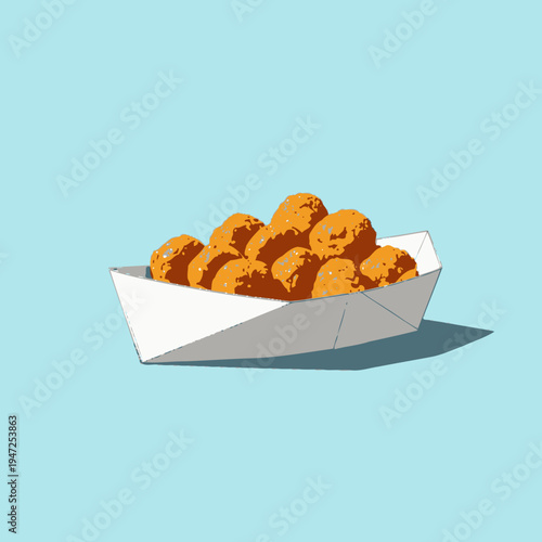 Deliciously Crispy Fried Snack Balls Served in White Paper Tray Against Light Blue Background