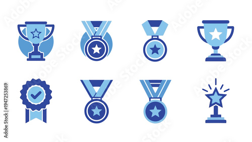 A collection of colorful achievement and award badges displayed in a row. Vector