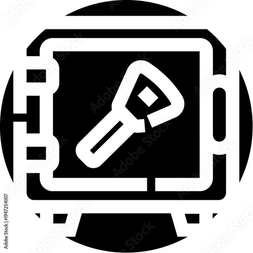 Flashlight beam illuminating a key inside an open safe, minimalist black and white glyph icon conveying security, access, discovery, unlocking, and hidden valuables