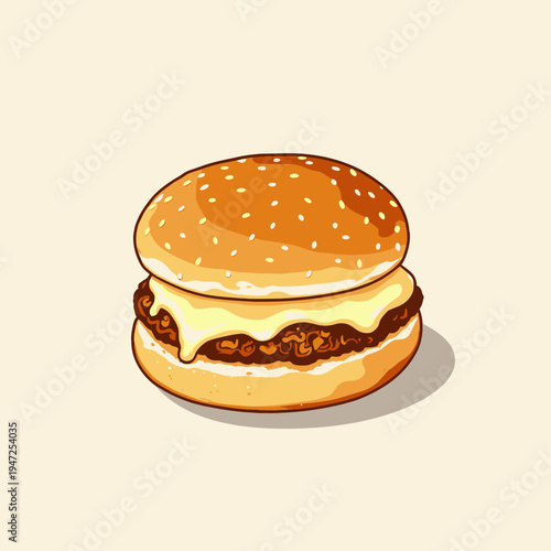 Juicy Cheeseburger with Melted Cheese and Sesame Seed Bun in Minimalist Illustration on Light Background