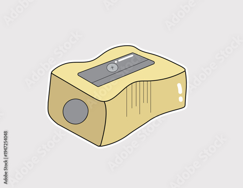 Pencil sharpener vector sticker in pale yellow. Great for school supply catalogs, art studio icons, back-to-school marketing, and creative tool graphics