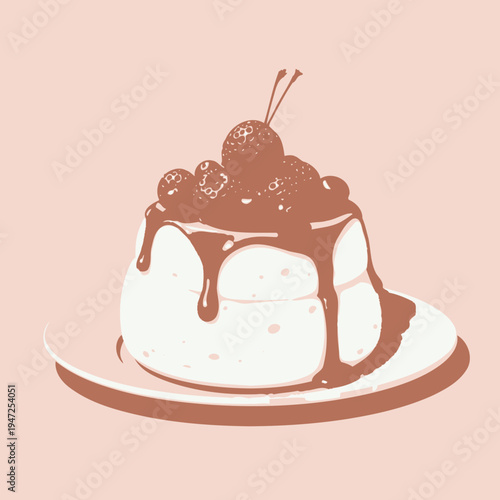 A delectable fluffy pancake topped with fresh strawberries and blueberries, drizzled with a rich berry sauce, served elegantly on a light blue plate against a pastel background.