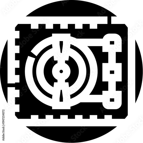 Vault door icon representing strong financial protection, secure storage and banking security for valuable assets, confidential data, privacy and trusted access control